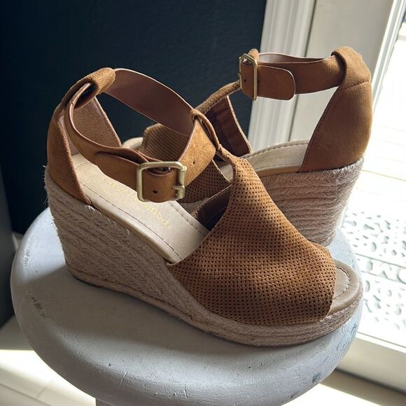 Tan Suade Platform Wedge Espadrille Heeled Sandal Size 7.5 Women’s - Picture 4 of 6
